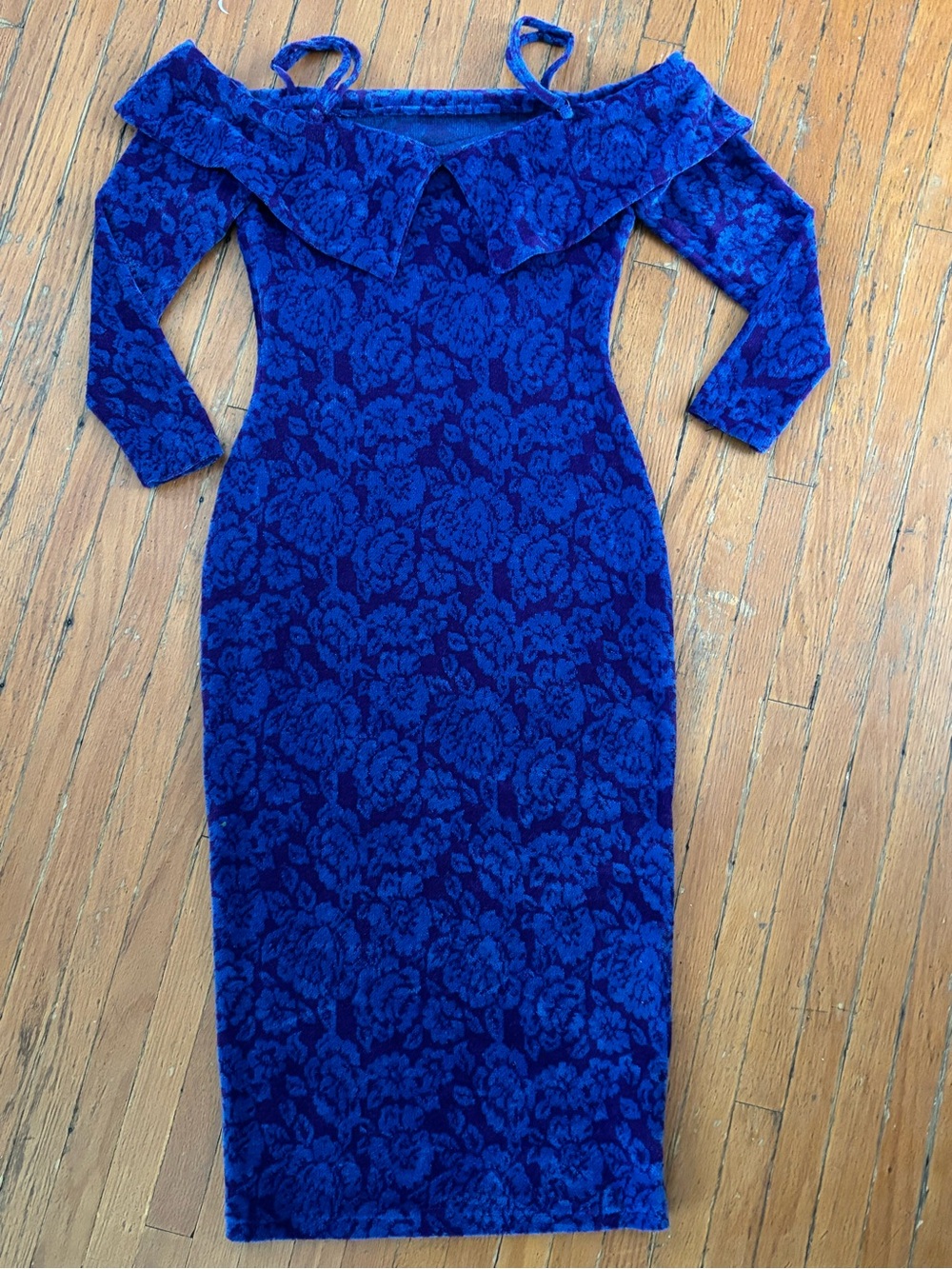 Off-Shoulder Floral Jacquard Midi Dress in Royal Blue